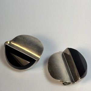 Alberto Mexico Clip On Earrings Black Onyx Sterling Silver Modernist Vintage